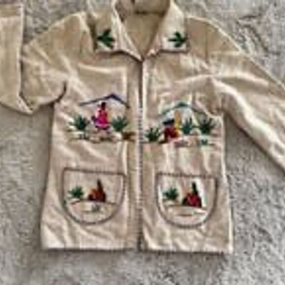 Vintage Lopez Mexican Wool Open Tourist Coat Jacket Yarn Embroidered Tan Sz S/M - Picture 4 of 12